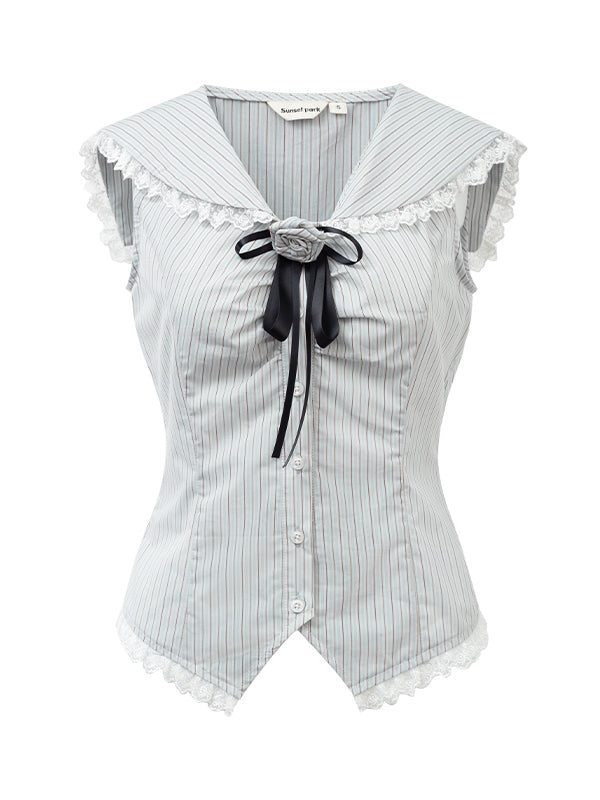 Sailor-Collar Lace Sleeveless Stripe Blouse&amp;Pants