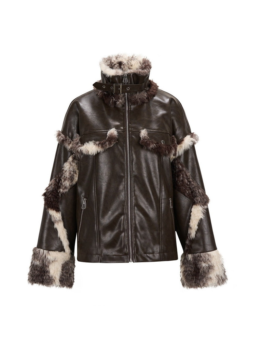 Fur Speckled Cool Stand-Collar Belt Leather-Jacket