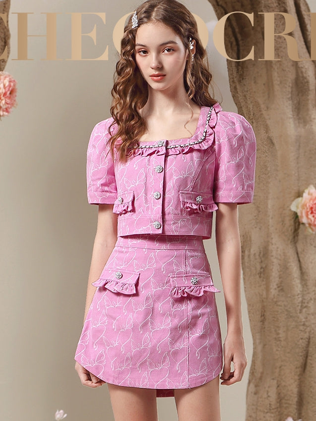 Jacket＆Mini-Skirt Embroidery Frill Feminine Set-Up