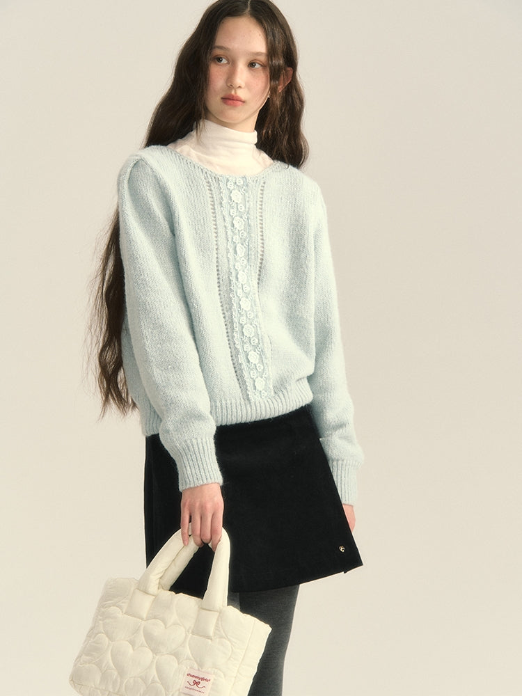 Pale-Tone Crew-Neck Flower Retro Sweet Knit