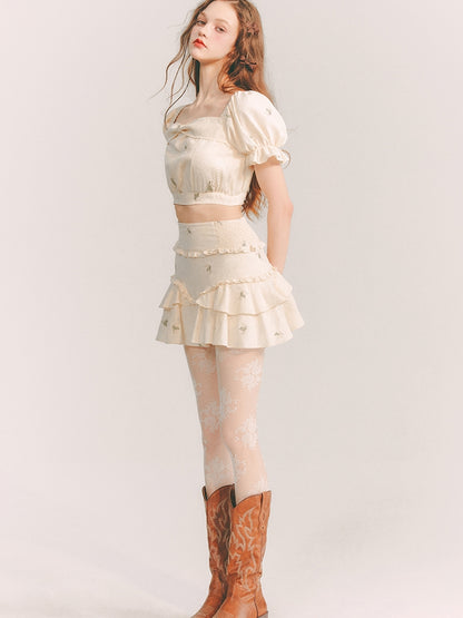 Embroidery Tiered Puff-Sleeve Flower Blouse&amp;Mini-Skirt