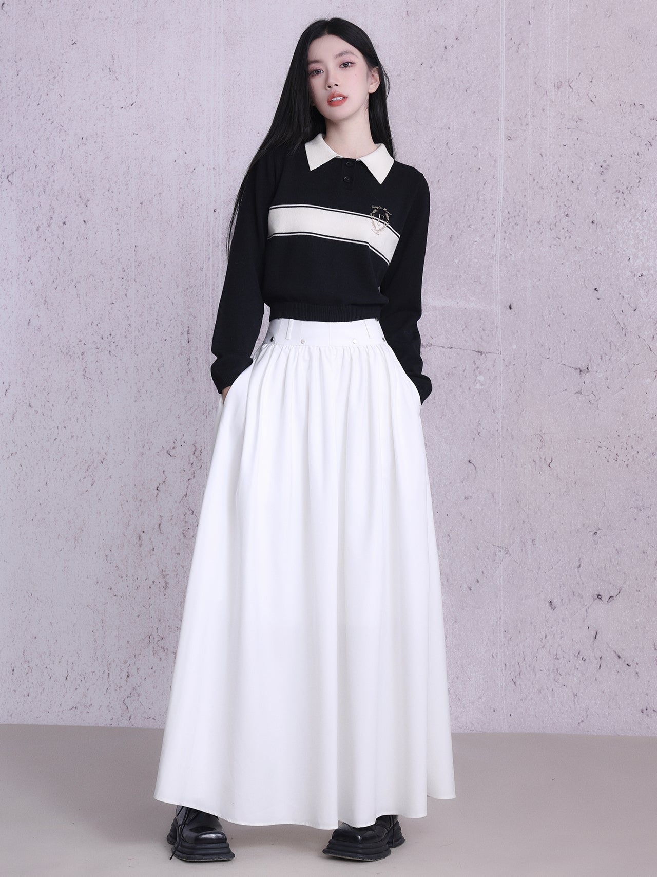 Polo-Neck Retro Monotone Knit&amp;Long-Skirt