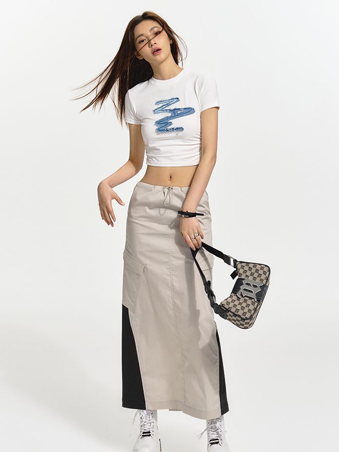 Bi-color Long Casual Flare Skirt