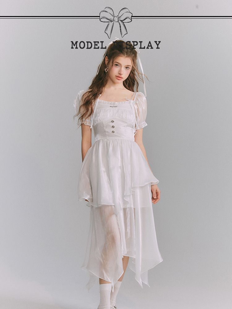 Sheer Puff-sleeve Tiered Asymemtry Long One-piece