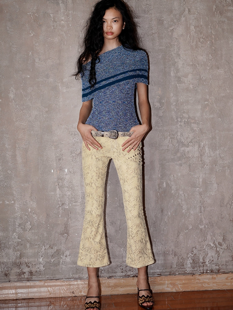 Corduroy Cropped Western Flare Studs Embroidery Pants