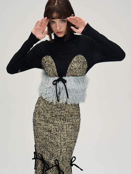Nichi Tassel Tweed Ribbon Fur Camisole＆Long-Skirt