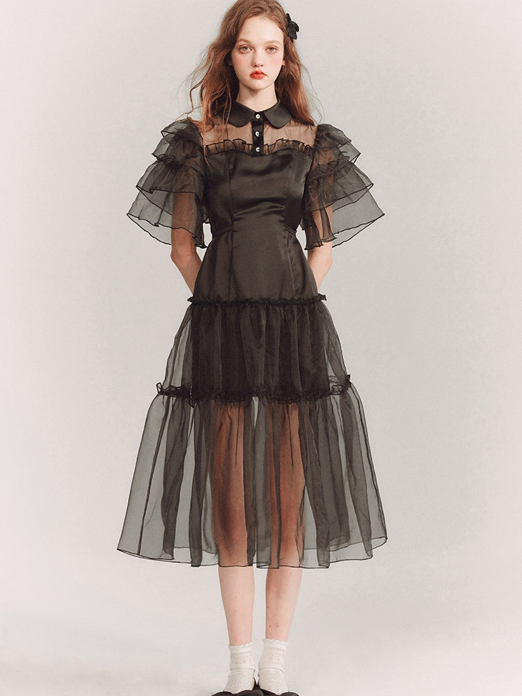 See-Through Tiererd Flare-Sleeve Frill Dress One-Piece