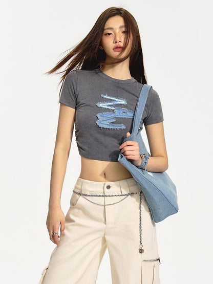 Cropped Casual Crew-neck Patch Print-T-shirt