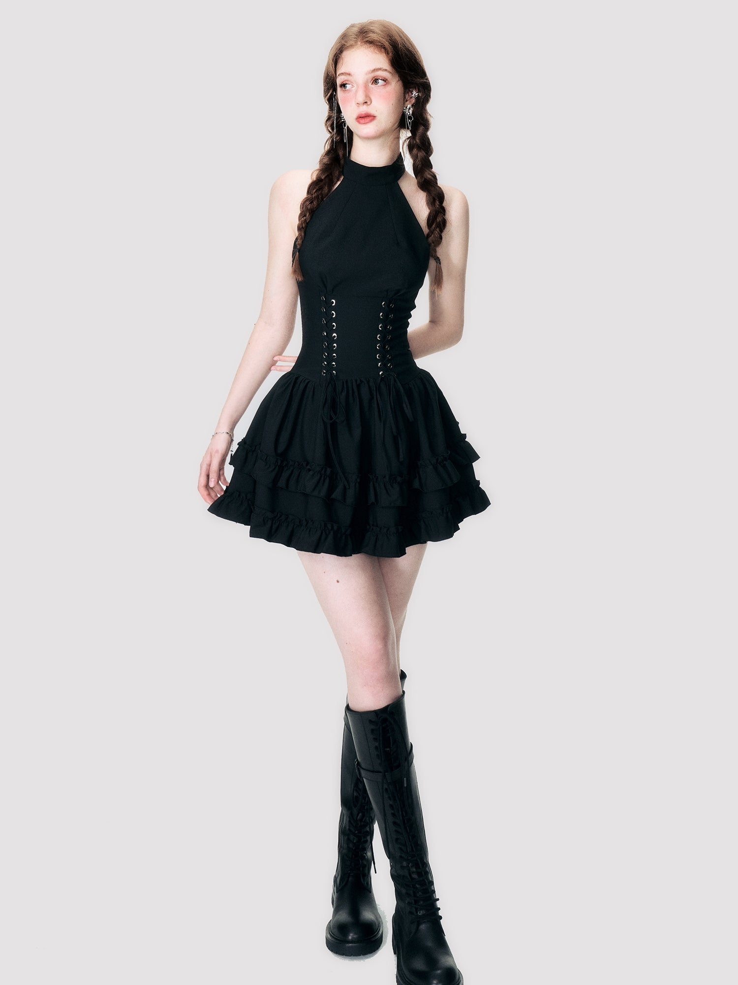 Halter-Neck Lace-Up Frill Tiered One-Piece