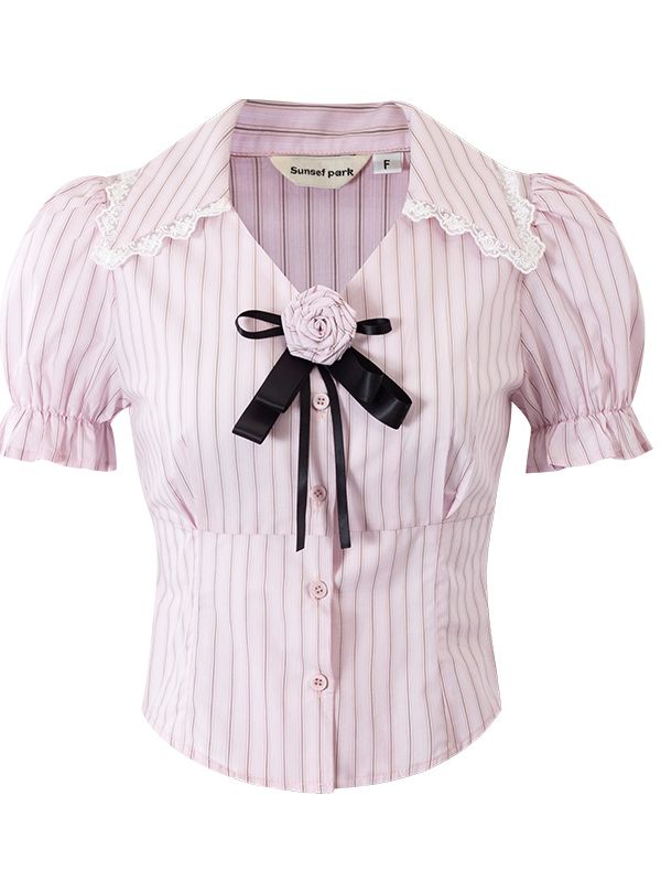 Stripe Lace Rose Puff-Sleeve Girly Blouse