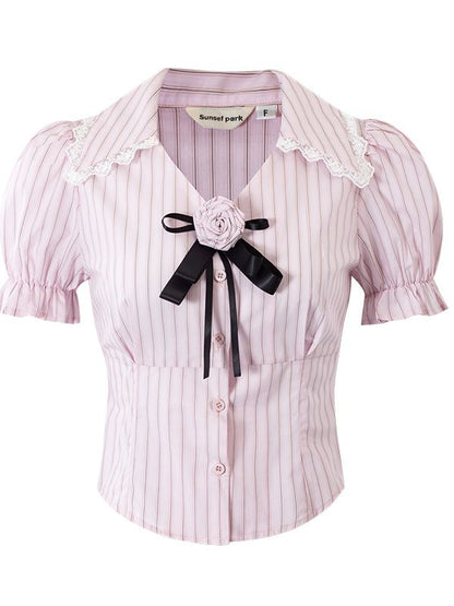 Stripe Lace Rose Puff-sleeve Girly Blouse