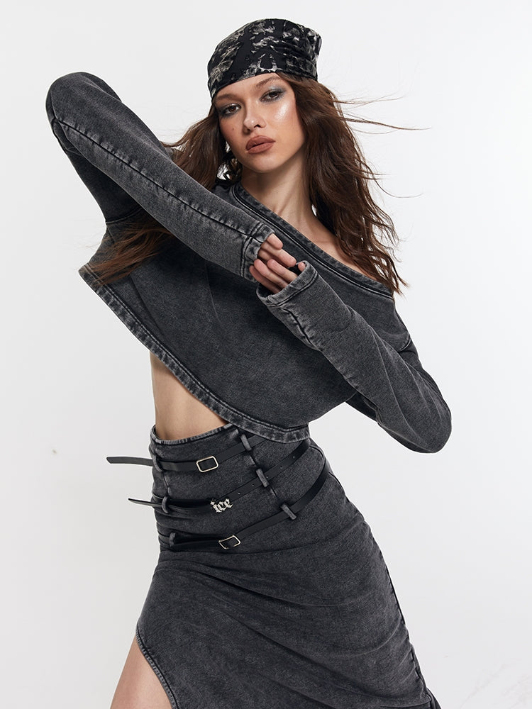 Denim One-Shoulder Belt Casual Tops＆Long-Skirt – ARCANA ARCHIVE