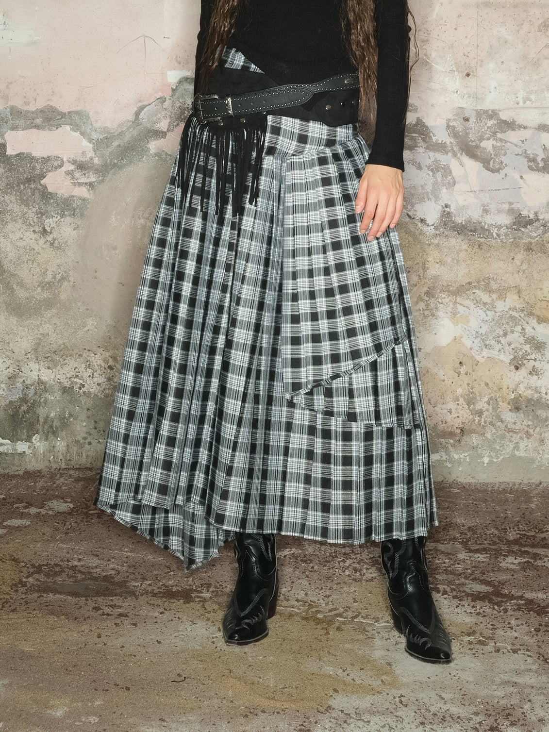 Tiered Asymmetry Checked Girly Nichi Long-Skirt