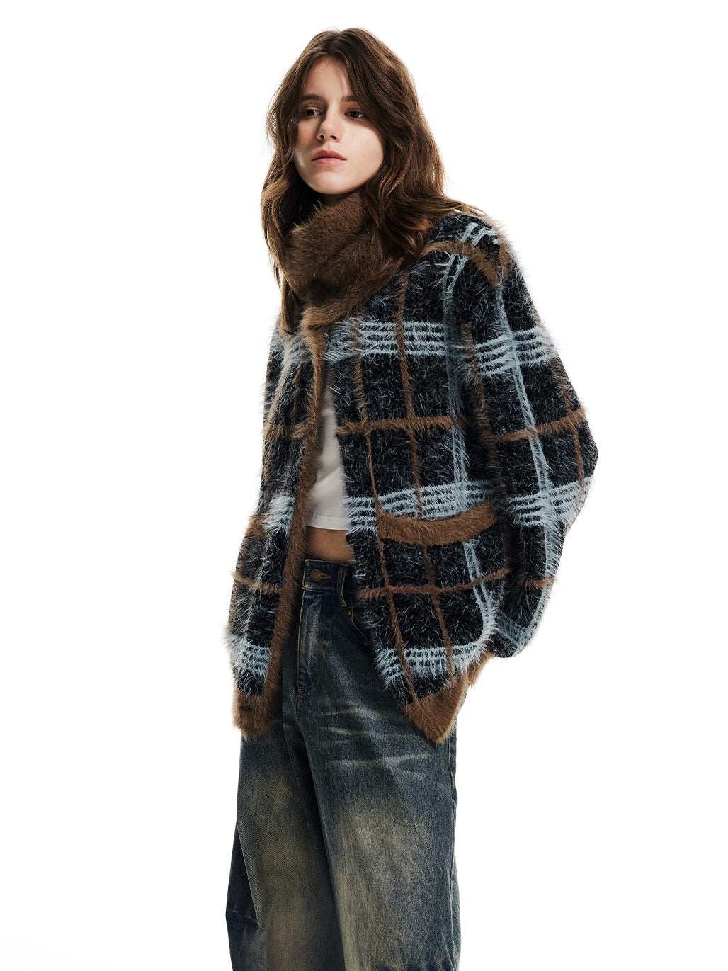 Checked Fluffily Knit Retro Round-Neck Casual Loose Cardigan