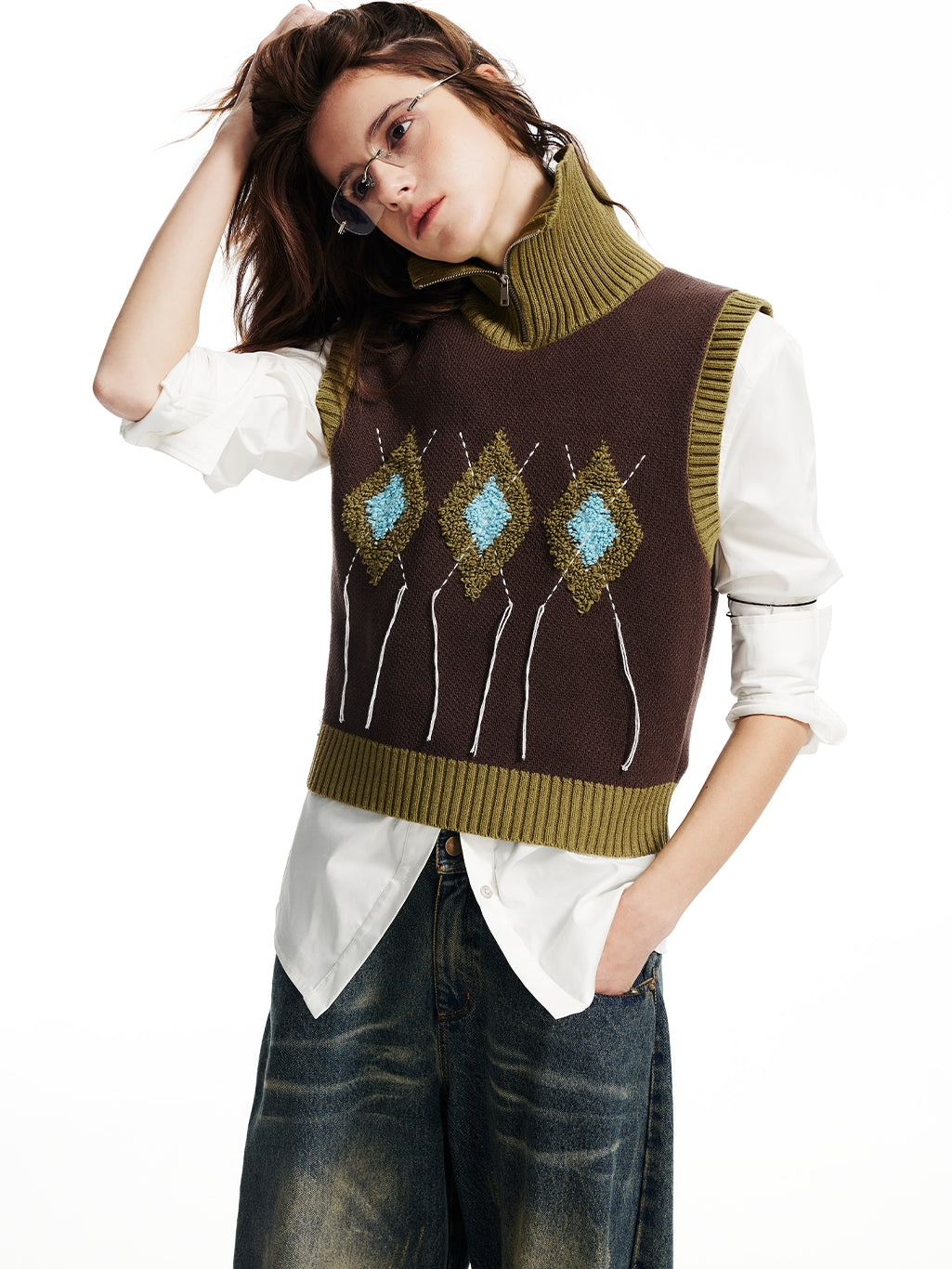 Knit Embroidery Retro Rhombus High-Neck-Vest＆Long-Skirt