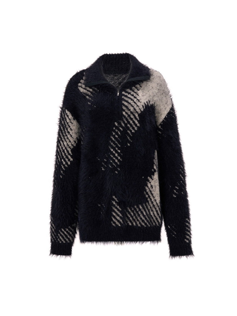 High-Neck Fluffily Half-Zip Casual Oversize Mohair-Knit