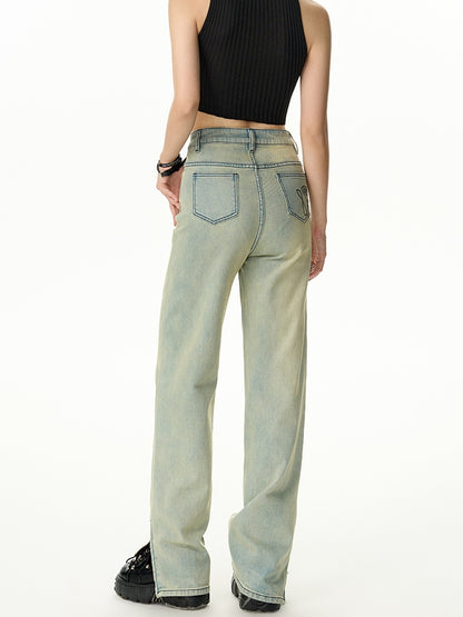 Denim Straight Side-Slit Casual Straight Pants