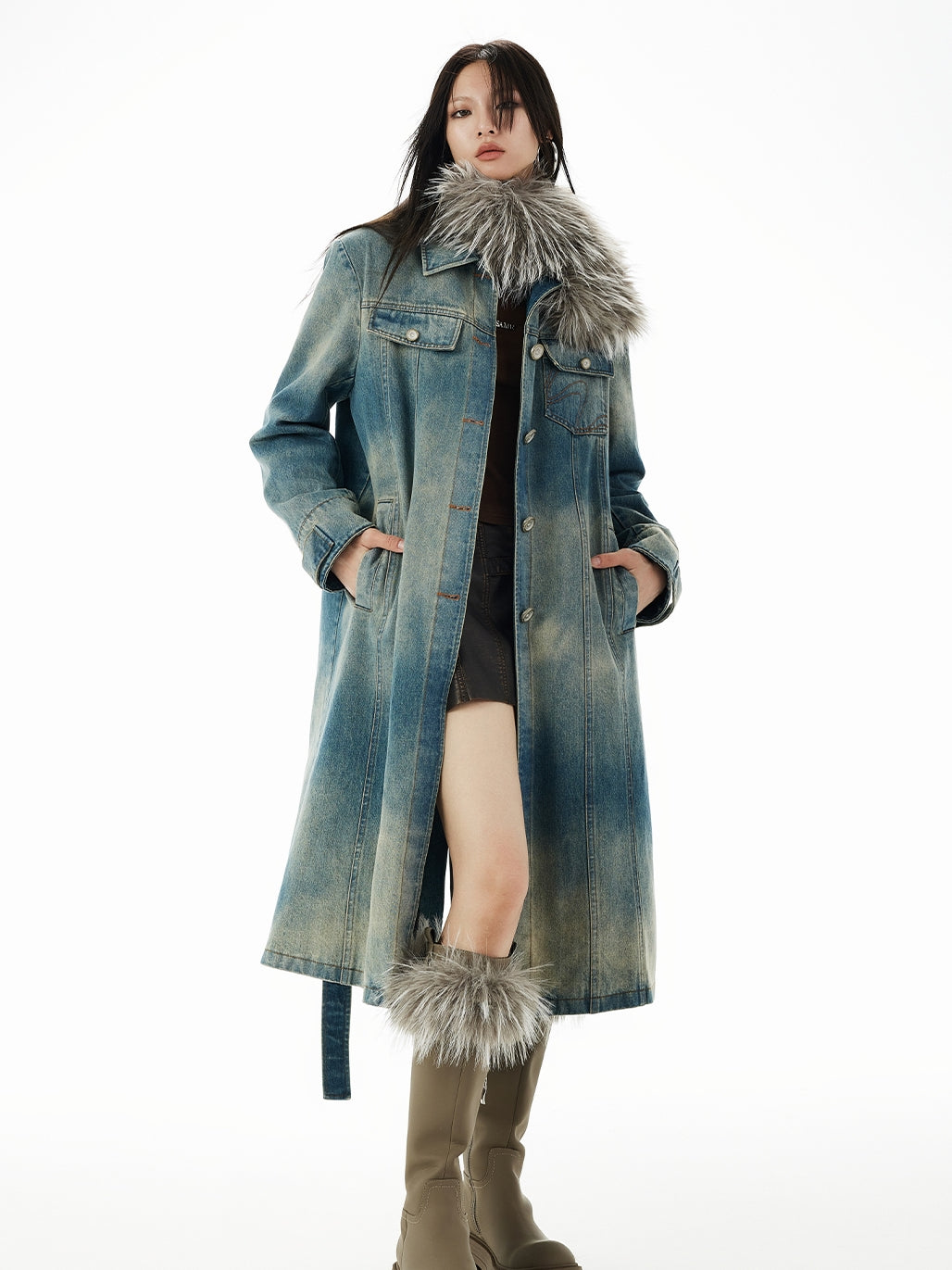 Nichi Fur-Colar Long Faded Casual Denim-coat