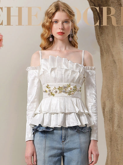 Tiered Pleats Embroidery Frill Blouse