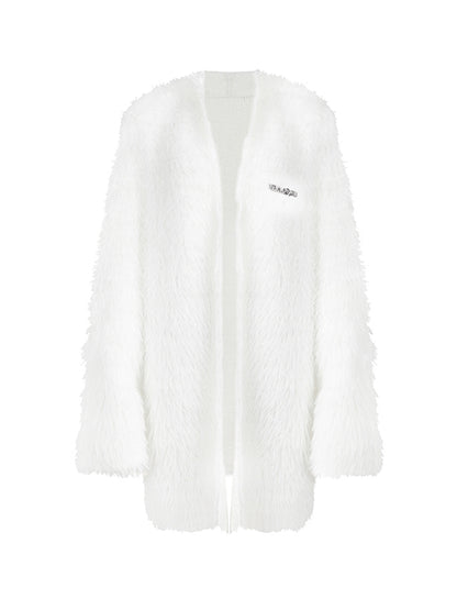 Mohair-Knit Fluffily Plain No-Button Long-Cardigan