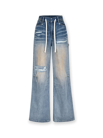 Damage Crush Straight Loose Wide Faded Denim-Pants