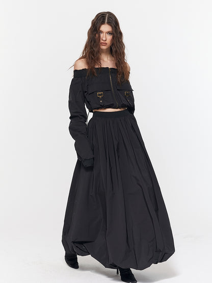 Off-Shoulder Damage Balloon Toops&amp;Long-Skirt