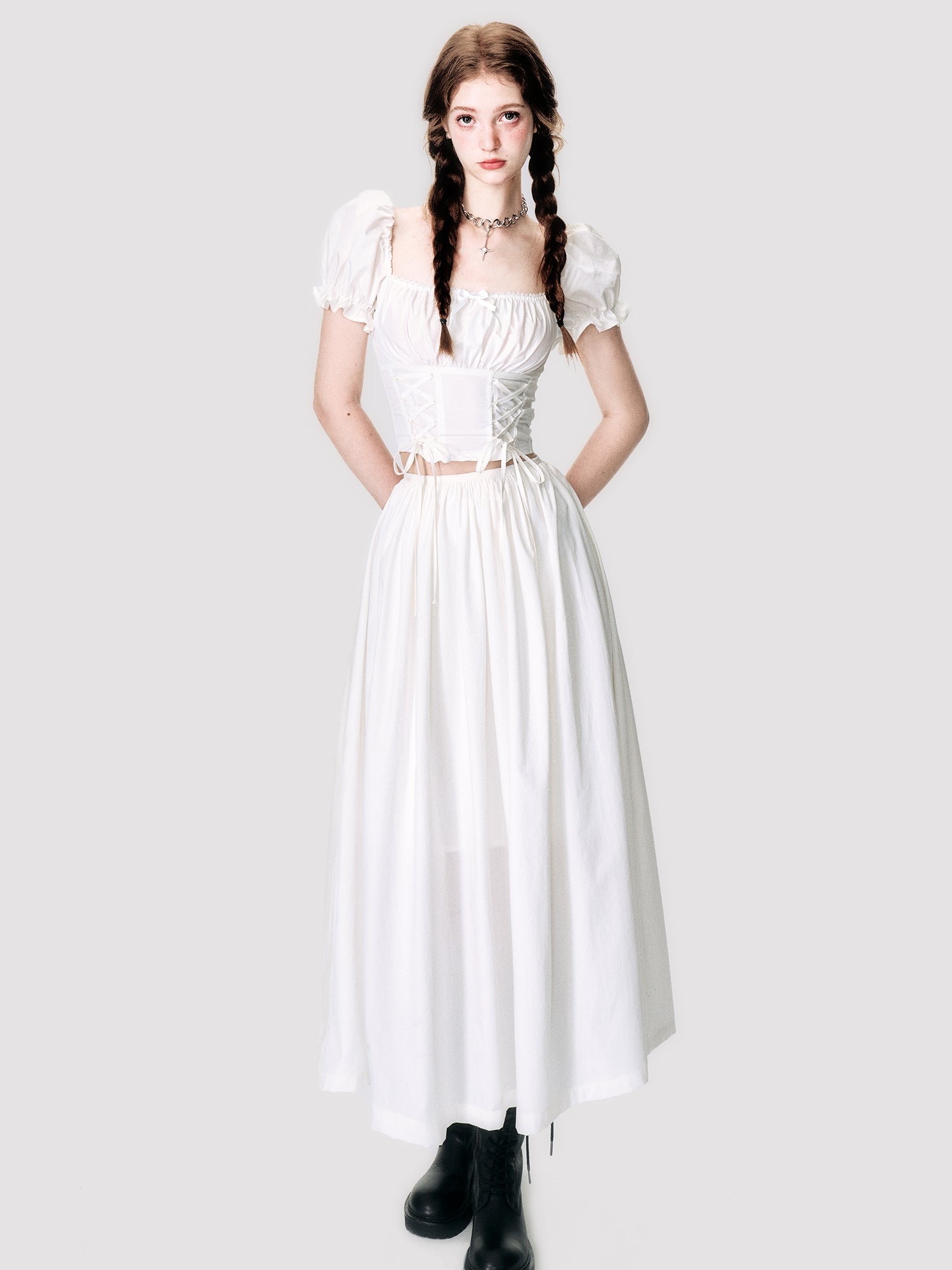 Puff-Sleeve Cropped Lace-Up Back-Open Blouse&amp;Long-Skirt