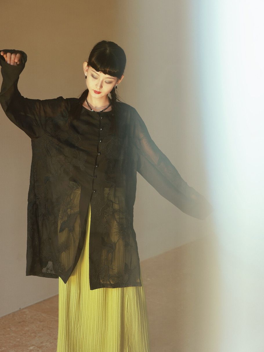 Embroidery Flower Sheer Oversize Shirt