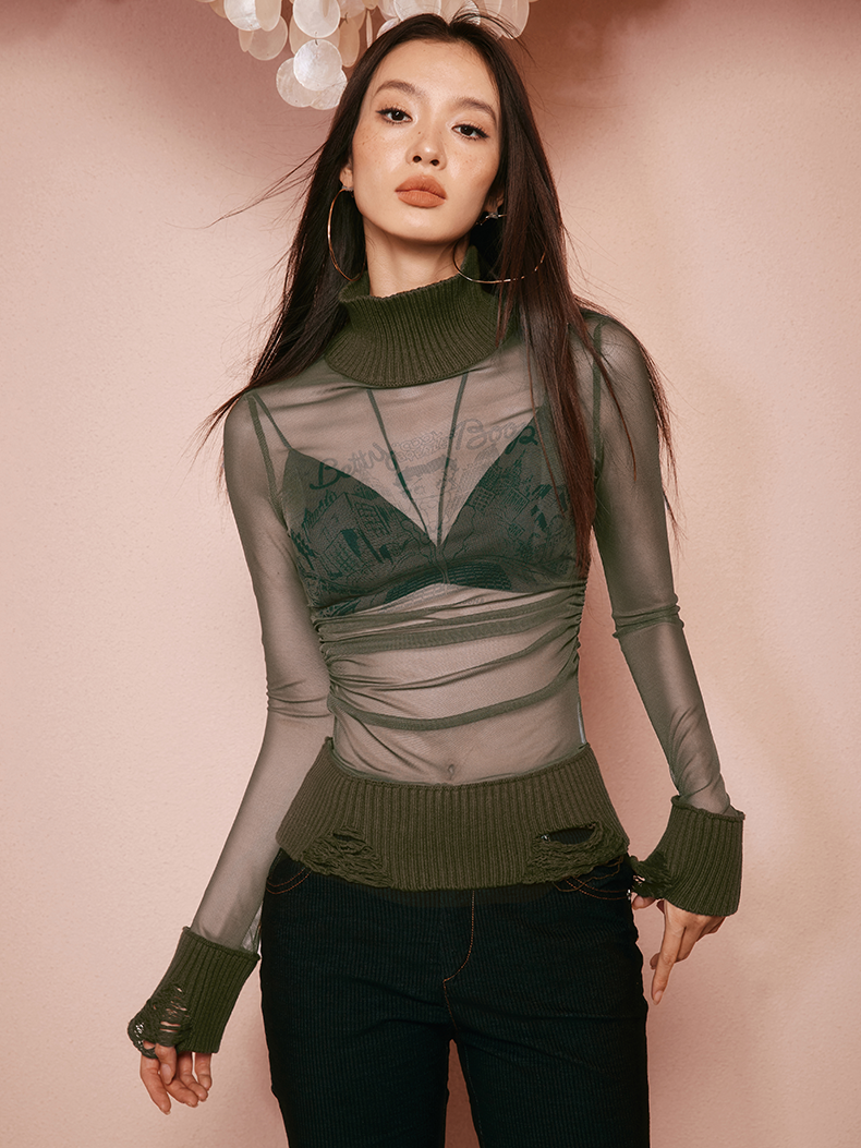 Sheer Sexy See-Through High-Neck Knit Cutsew