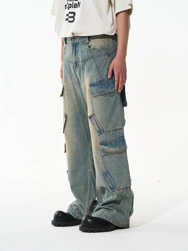 Verblasste Seitenpocket-Denimhose mit weitem Bein