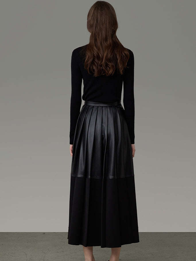 Leather Mix Long Tiered Flare-Skirt