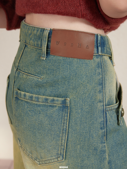 Verblasste Vintage Strait Lose Denim Wide-Hosen