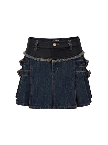 Box-Pleats Belt Tassel Inner-Pants Casual Mini-Skirt