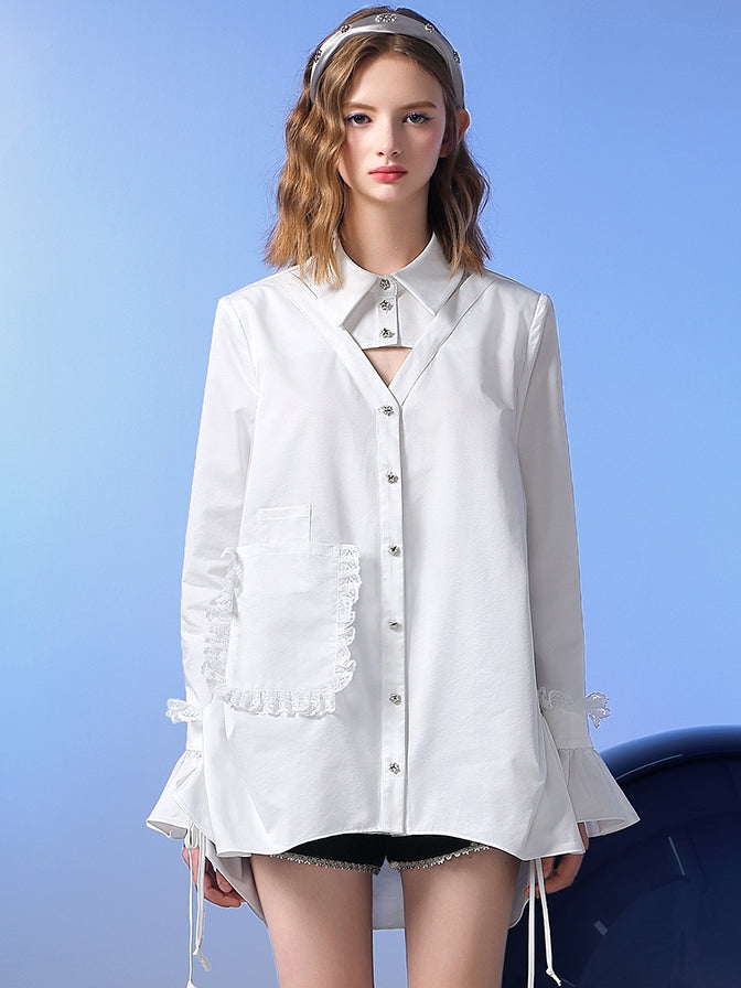 Flrae-Sleeve Lace Girly Nichi Front-Cut Blouse