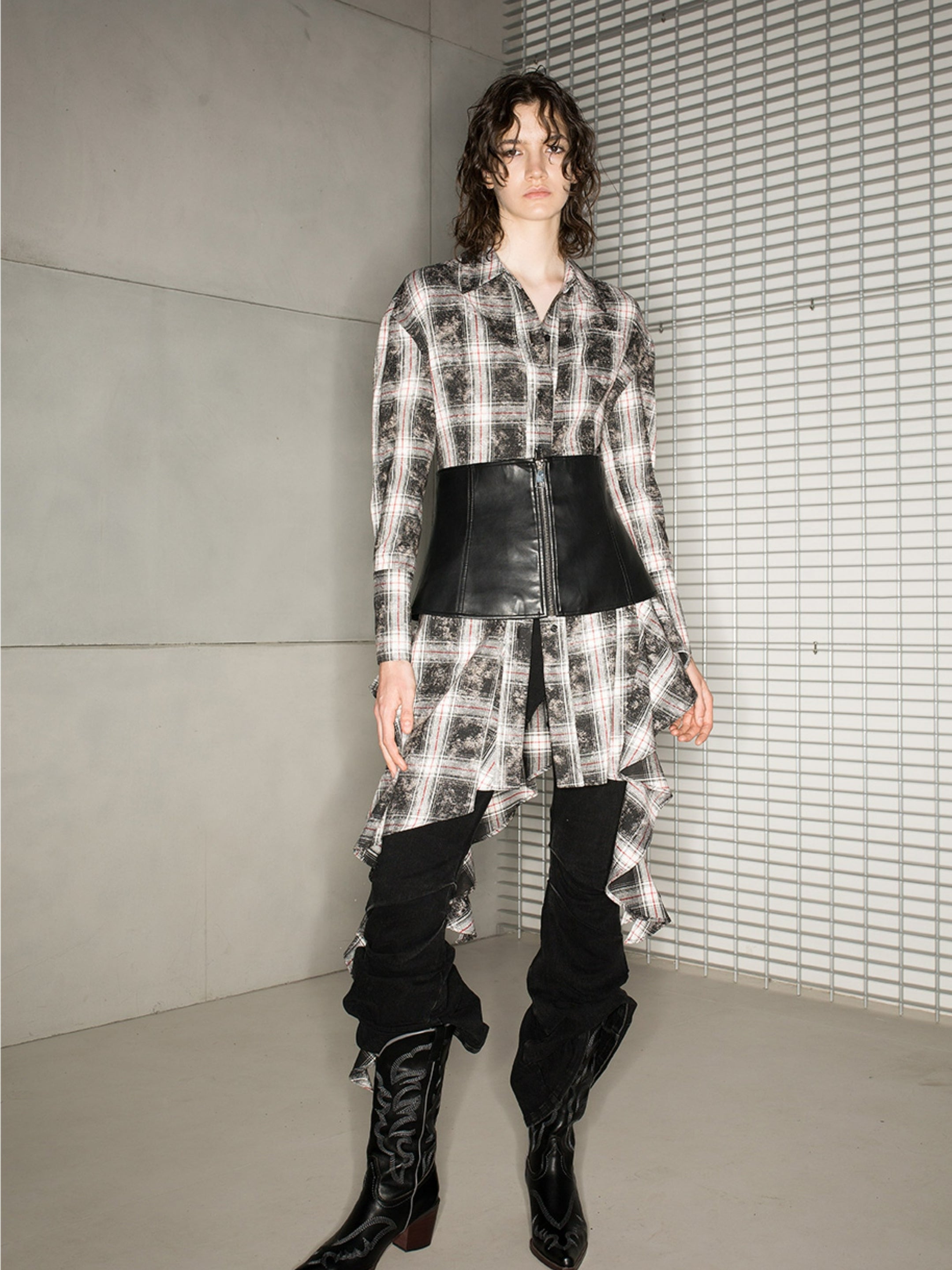 Checked Asymmetry Retro Long-Shirt