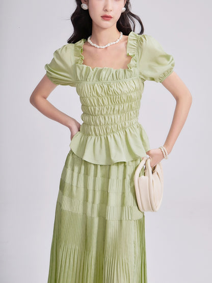 Gather Frill Puff-Sleeve Peplum Chic Blouse&amp;Long-Skirt