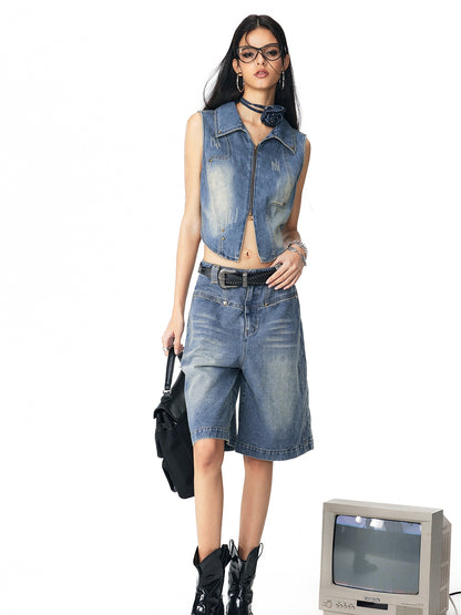 Denim Faded Cool Casual Gilet Mini-Skirt