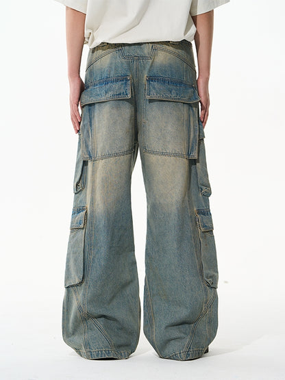 Verblasste Seitenpocket-Denimhose mit weitem Bein