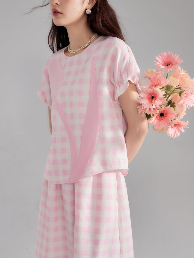 Checked Tulip Girly Candy-Sleeve Blouse &amp; Long-Skirt