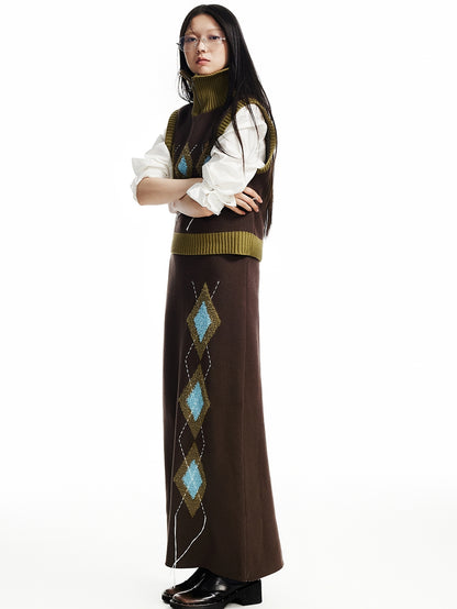 Knit Embroidery Retro Rhombus High-Neck-Vest＆Long-Skirt