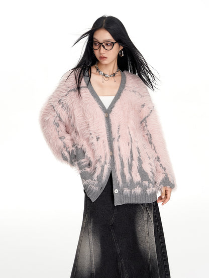 Mohair-Knit V-Neck Loose Fluffily Long Cardigan