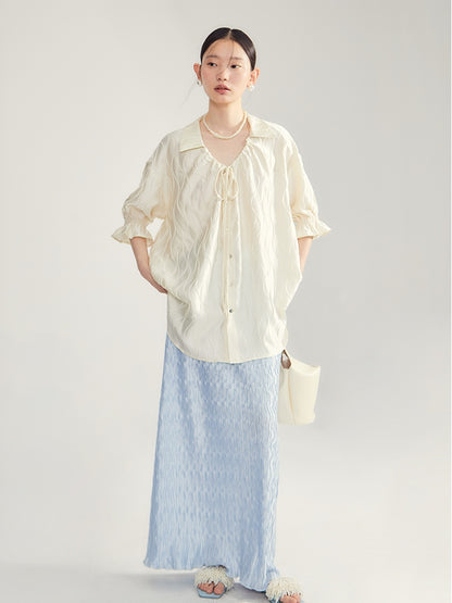 Embroidery Oversize Candy-Sleeve Wave Blouse