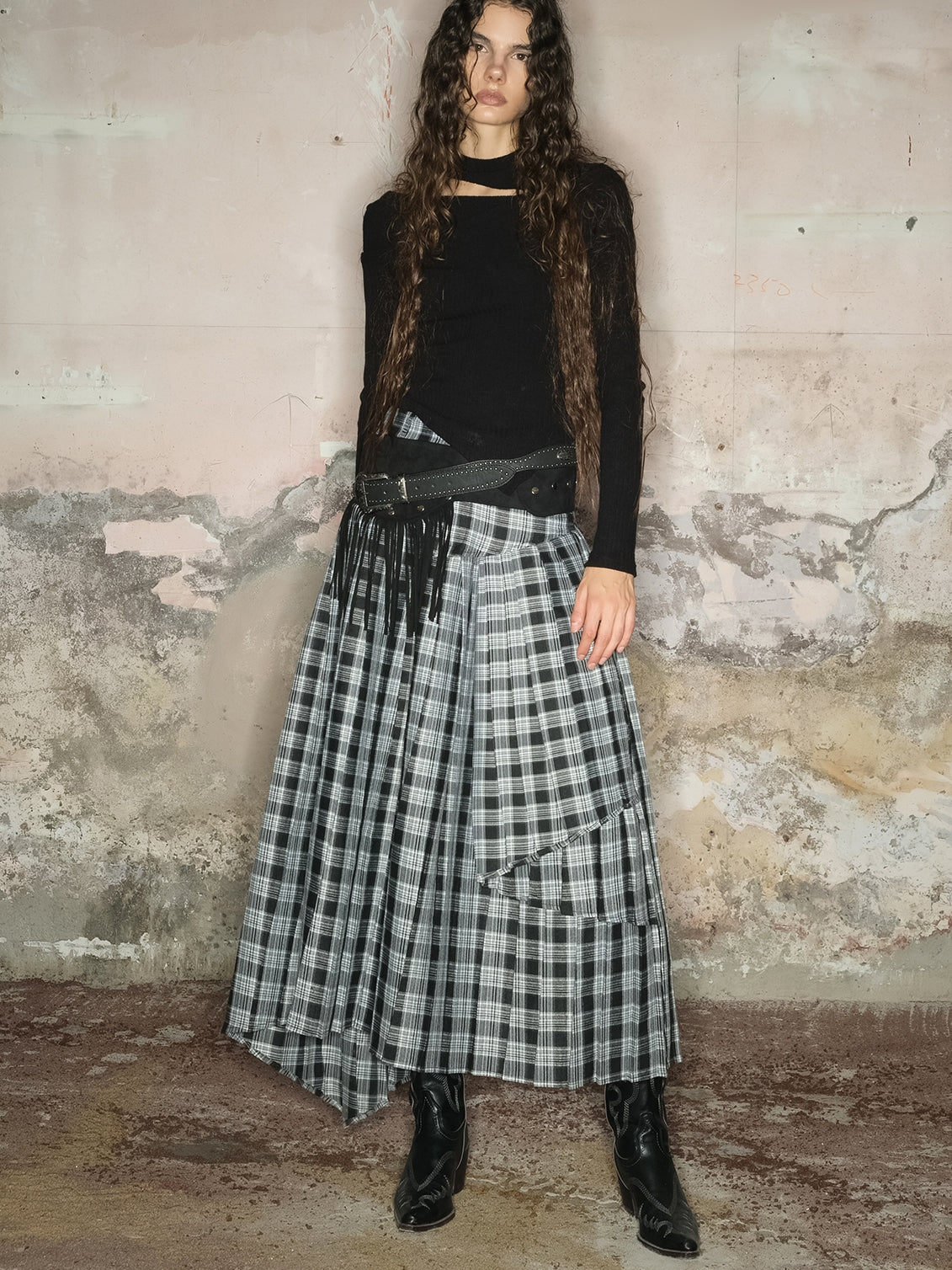 Tiered Asymmetry Checked Girly Nichi Long-Skirt