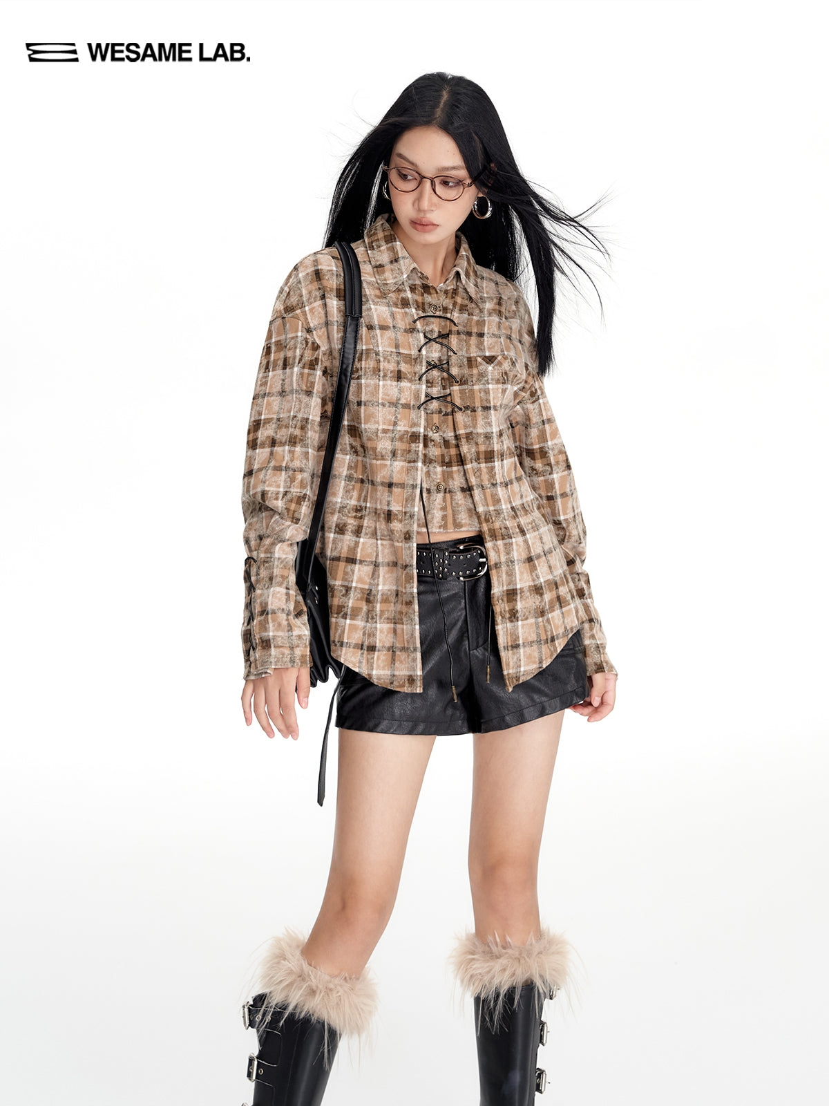 Checked Nichi Lace-Up Oversize Retro Shirt