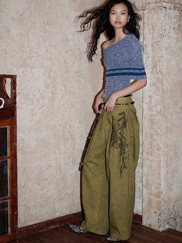 Embroidery Relax Loose Casual Retro Wide-Pants