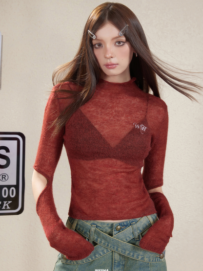 Sleeve-Cut Thin Tight Sheer See-Through Knit