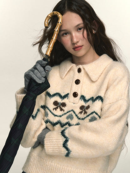 Polo-Neck Nordic Ribbon Knit Sweater