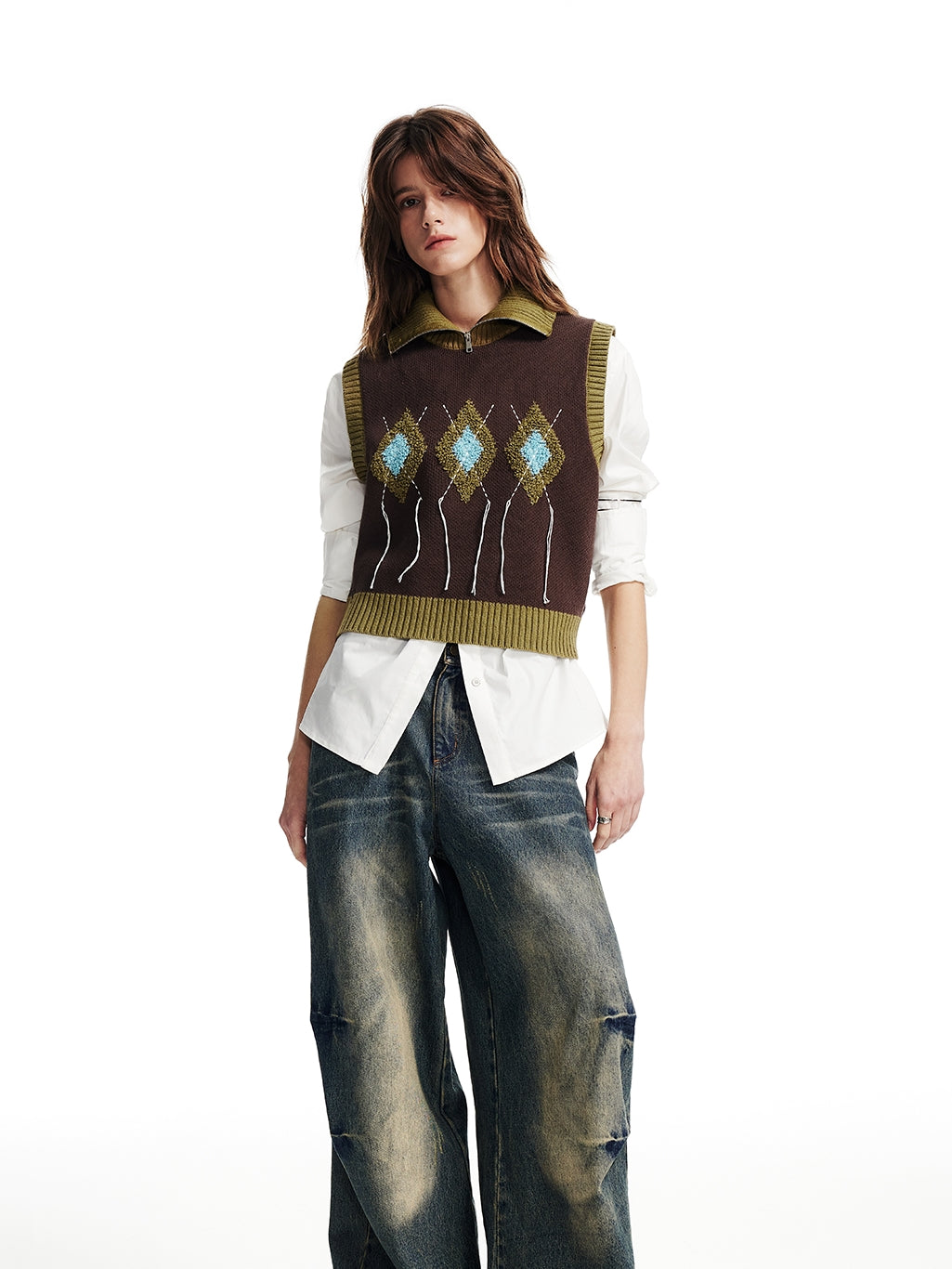 Knit Embroidery Retro Rhombus High-Neck-Vest＆Long-Skirt