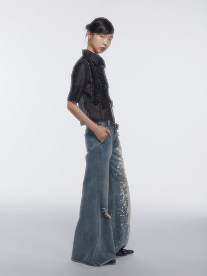 Damage Paint Denim Wide-Leg Flare-Pants