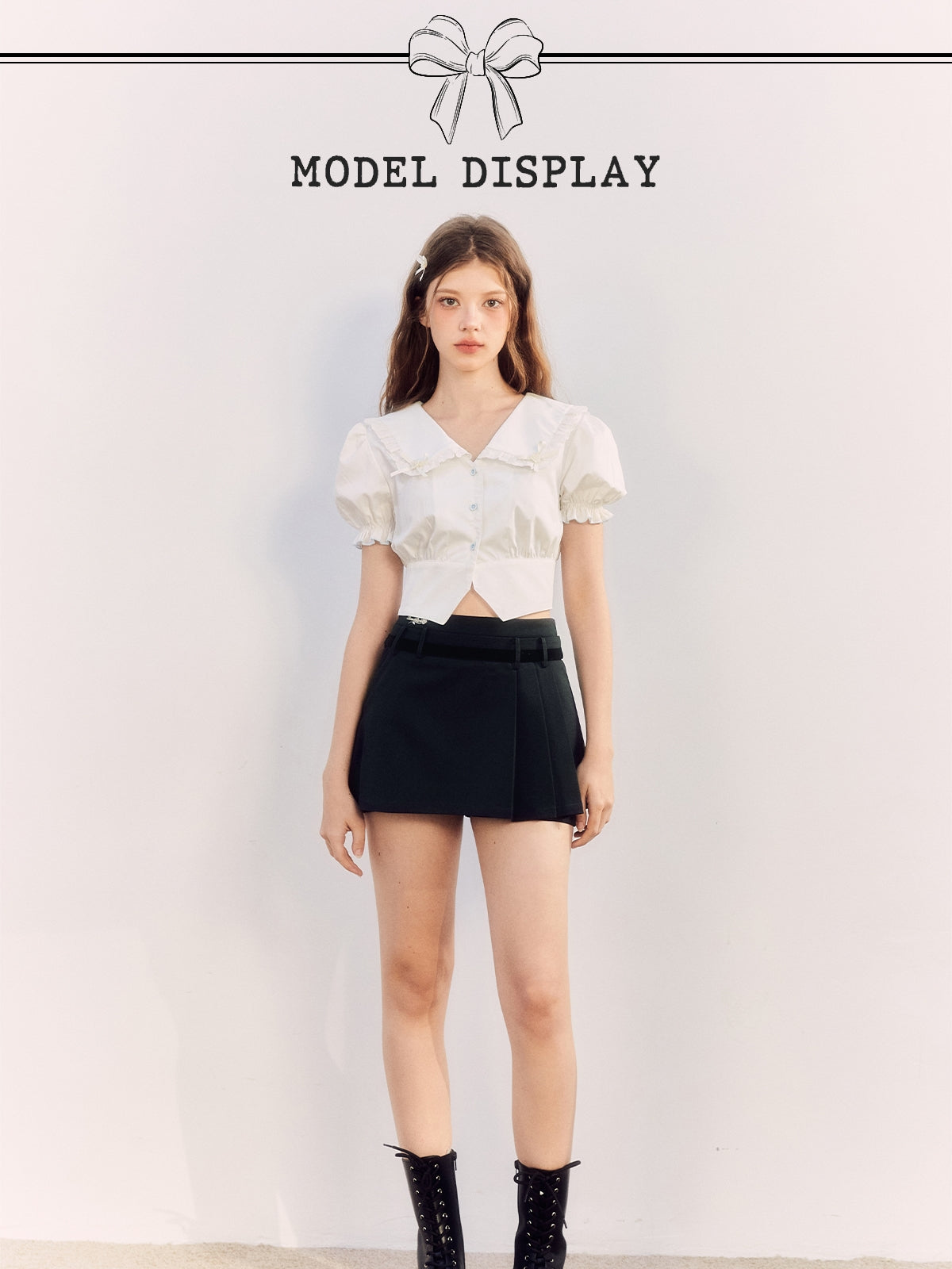 Fril Sailorl-Collar Puss-Sleeve Cute Blosue &amp; Culottes